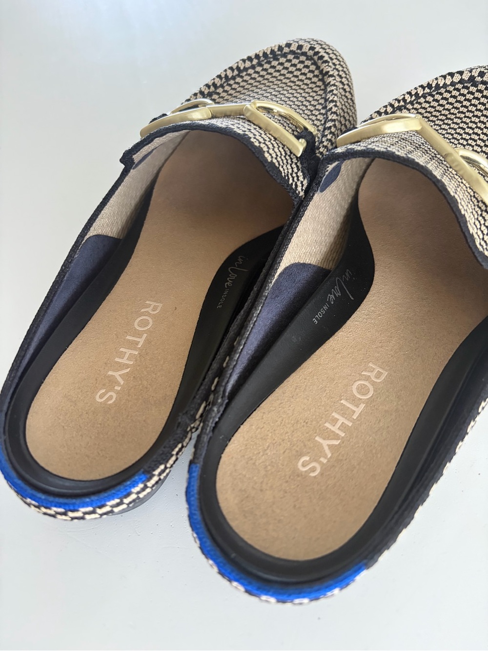 Rothy's Black and Cream Checkered Slip-On Mules with Gold Bit - Picture 2 of 4